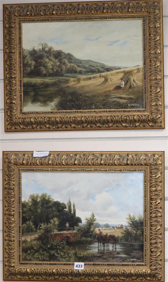 G. Williams, pair of oil landscapes, Harvester landscapes, signed, 30 x 40cm.